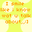 Pixelated orange text on a light green background with white cloud shapes, repeating the phrase "I smile like i know wat u talk about.;]" in a