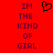 Red background with dark purple text reading "IM THE KIND OF GIRL" on both sides of a black pixelated heart symbol.