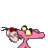 Pixelated pink cartoon character with yellow eyes and red head accessory on gray background next to pink gradient text reading 'thinkin pink'