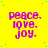 Yellow background with blue dots and repeated purple text 'peace, love, joy.' in a pattern