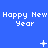 Blue background with repeated 'Happy New Year' text and animated white star-like symbols changing shape across frames.