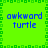 Bright green background with a green pixelated border, four identical blue text blocks reading 'awkward turtle' arranged in a