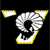Pixelated icon with white and gray spiral shape bordered by yellow triangles on top left and right, and a yellow curved line at bottom, all on black background.
