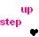 Pixelated text 'step' and 'up' in pink hues with a black heart symbol on a checkered background.