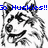 Pixelated black-and-white husky dog faces with blue text overlays on a white background, arranged in a with one gray