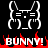 Pixelated white bunny outline with closed eyes and flame-like red text reading 'BUNNY!' on black background.