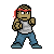 Pixel art character with red headband, gray shirt, blue pants, and blue shoes in various fighting poses on gray background.