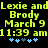 Pixelated yellow text on black background displays 'Lexie and Brody March 9 11:39 am' with blue star-like symbols below, repeated side-by-side.