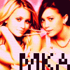 A pixel of four identical images showing two women in a close pose with a pink background and pixelated text below