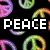 Pixelated icon with black background featuring peace signs, rainbow splashes, and bold text reading PEACE SHAZ ROX!