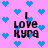 Pixelated icon with pink background, blue hearts, and black text reading "I Love Kyra" in two vertical sections.