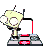 Animated sequence of a light green cartoon character with large white eyes and black limbs performing various poses on a gray platform with red accents.