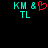 Pixelated text and symbols on black background with cyan 'KM', 'TL' letters, a cyan ampersand, and red heart symbol in left view.