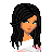 Pixel art of a character with long black hair, blue eyes, and a white top, paired with separate torso and footwear views showing pink and blue clothing details.