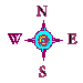 A circular cyan icon with a purple starburst border, surrounded by cardinal direction letters N S E W in magenta on gray background.