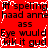 Red background with black text repeating 'ff speling', 'haad anne', 'ass', 'Eye wuuld', and 'kik it gud' in a pattern, featuring white pixelated artifacts