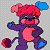 A pixelated cartoon character with purple body, red hair, and blue accents stands against a gray background next to green text reading "Original Icons .com" on dark green.