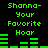Green pixelated text and audio waveform bars on black background, with two identical side-by-side sections displaying "Shanna- Your Favorite Hoar" above a changing green bar graph.