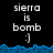 Pixelated text 'sierra is bomb :)' appears above a blue wave-like border on black background, with a gray rectangle on the right side.