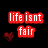 Red pixelated text blocks on black background with two red hearts, displaying 'lifeisnt fair' and 'getoverit' in white lettering.