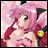 Pixelated anime-style character with pink hair and red clothing holding a yellow object against a pink background, next to black with white text