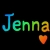 Pixelated text 'Jenna' in gradient colors with a small orange heart below the final letter on black background.