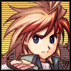 Pixel art character with spiky red-blonde hair and blue eyes, wearing a green jacket over white shirt, in multiple poses against striped background.