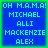 Four identical pixelated blue squares with green borders display text reading OH M.A.M.A! MICHAEL ALLI MACKENZIE ALEX in light cyan letters.