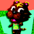 Pixelated character with brown fur, black face, and yellow crown-like headpiece stands against red and green background.