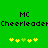 Green background with black text reading "MC" and "Cheerleader" repeated, yellow and green star-like symbols below.