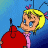 Pixelated cartoon character with blonde hair and blue eyes holds a red object against a gradient blue background, next to green text reading 'OriginalIcons.com' on dark green.