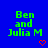 Green text 'Ben and Julia M' on blue background with red pixel hearts, some frames show heart animation.