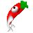 Pixelated red vegetable with green top, white lower section, single eye, and black curved mouth on gray background.