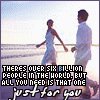 A static image of a couple walking on a beach at sunset with overlaid text about needing one person in the world.