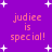 Purple background with white star shapes and repeated pink text 'judiee is special!' in four quadrants.