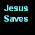 Pixelated text reads "Jesus Saves" in cyan and light blue hues against a black background, with visible dithering patterns.