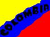 Static pixel art of a diagonal flag with yellow, blue, and red horizontal stripes displaying the word 'COLOMBIA' in black block letters.