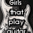 Pixelated image split into two sections: left shows a guitar-shaped silhouette with text, right shows a circular globe with a red symbol.