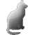 Pixelated grayscale cat icon in seated pose with tail curled, rendered in low-resolution dithering style against solid gray background.