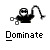 Pixelated static buddy icon featuring a black-clad figure with white mask holding scissors and whip, below which is the word "Dominate" in pixelated font on gray background.