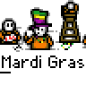 Animated contact sheet of Mardi Gras-themed cartoon characters in orange suits with green-and-purple top hats, alternating between static poses and animated actions like throwing beads or shouting "AH!" against a gray background.