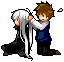 Pixel art buddy icon showing two anime-style characters, one kneeling and holding the other's long white hair against a gray background.