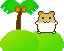 Pixel art animation of a hamster-like character on green hills with trees, showing two sequential poses.