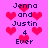 Pixelated pink background with red hearts and dark purple text reading "Jenna and Justin 4 Ever" in a repeating pattern.