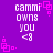 Purple background with repeated white text 'gammi owns you <8' and pink square-dot patterns in four corners.