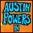 A 3x3 contact sheet of animated frames from an Austin Powers-themed AIM buddy icon featuring text and character portraits on orange backgrounds with yellow sparkles.