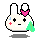 A 4-frame pixel art animation of a white rabbit mascot with pink bow, black eyes, red plus sign on cheek, blue tear drop, and green foliage prop, displayed in a contact sheet layout against gray background.