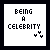 A 5x5 contact sheet of pixel art frames showing an animated icon with text changes and small flower-like symbols, transitioning between "BEING A CELEBRITY" and "IT'S ADIOS REALITY" phrases.