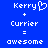 Blue background with white pixelated text and symbols arranged in two , showing 'Kerry + Currier = awesome' on both sides