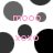 Pixelated pattern of black and gray circles on white background with pink text overlays.